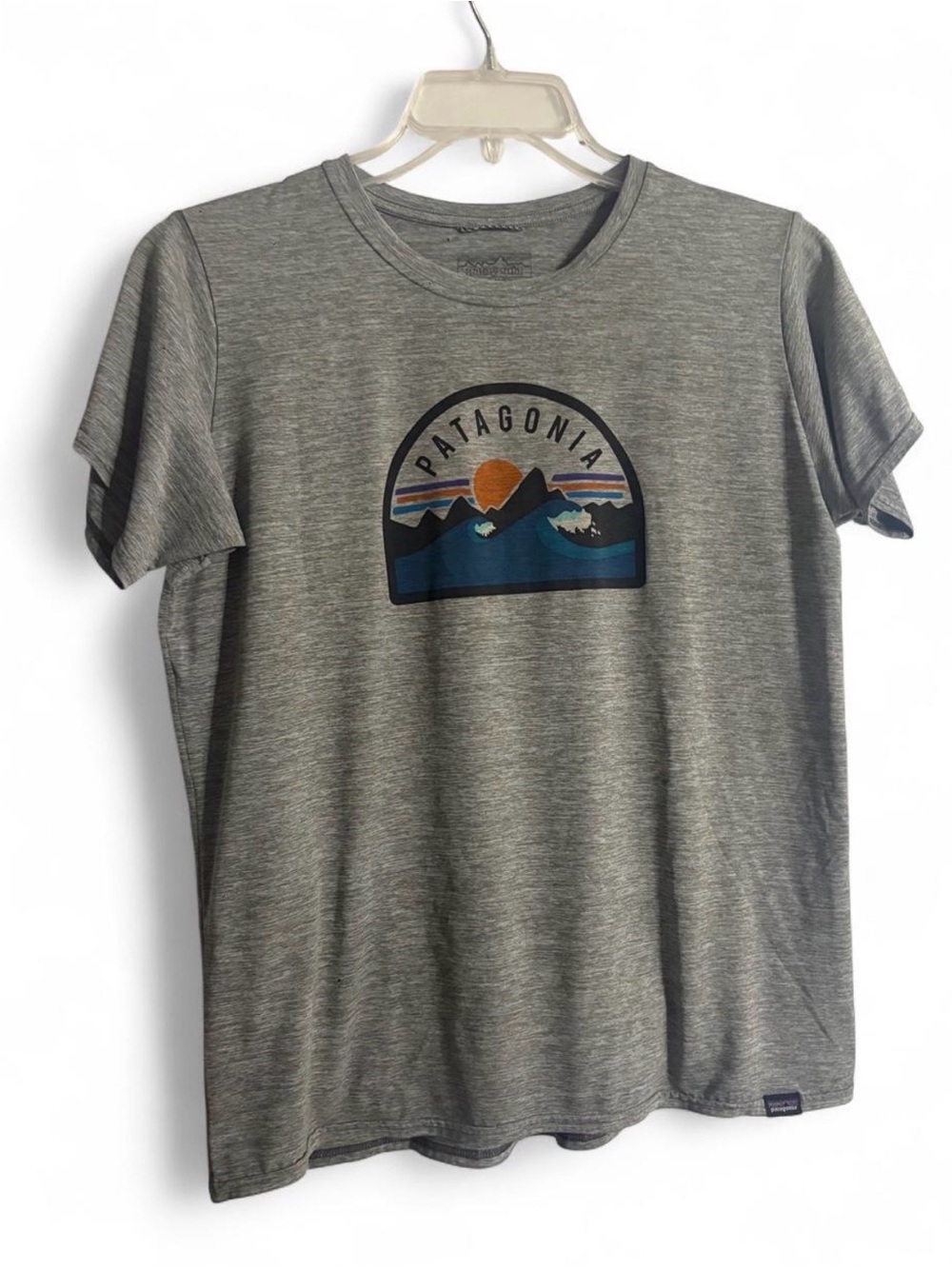 Patagonia Heather Gray Tee with Mountain Sunset Graphic SPF